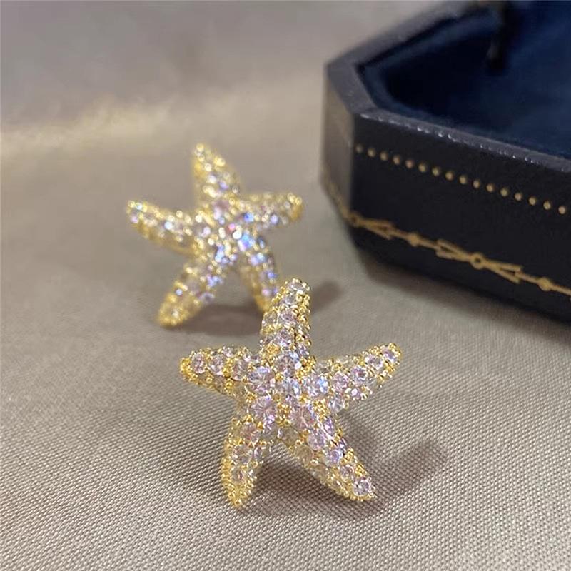 Huitan Cute Starfish Women Stud Earrings Gold Color Sweet Party Engagement Charming Accessories Inlaid Shiny CZ Chic Jewelry