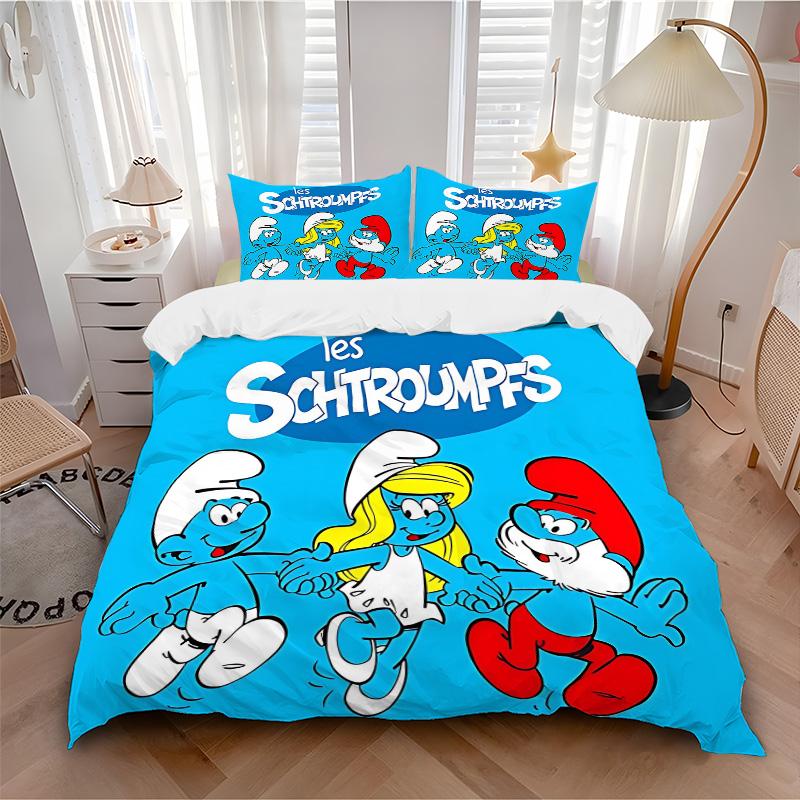 Smurfs' Adventure Print 3Pcs Bedding Setduvet Cover With 2 Bedropillowcase Home Birthday Gift