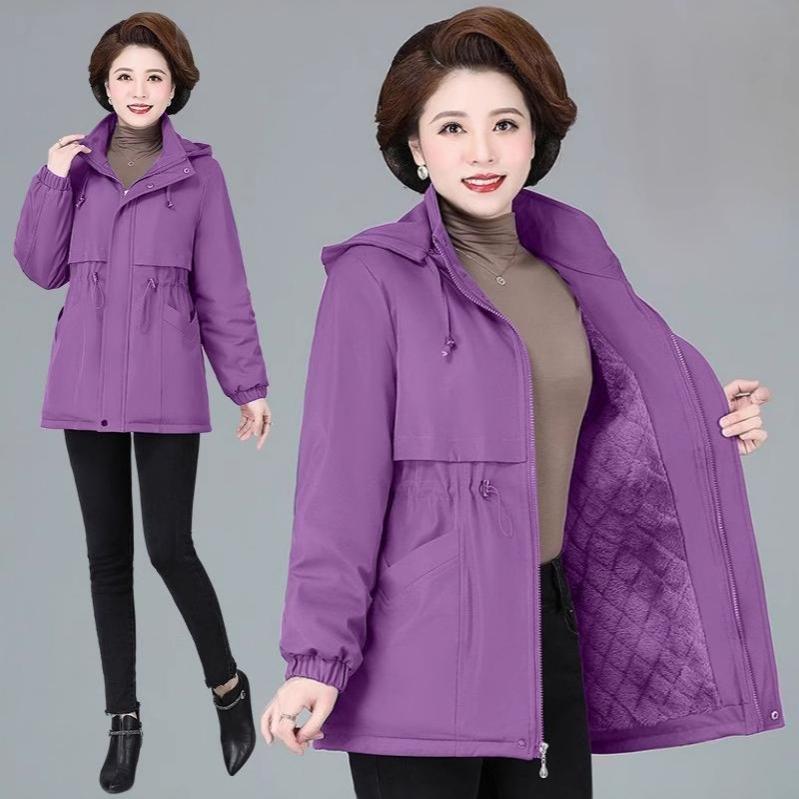 Women Winter Jacket Hood Warm Parkas Fleece Mid Length Padded Jacket Windbreakers Outerwear Mother Coat