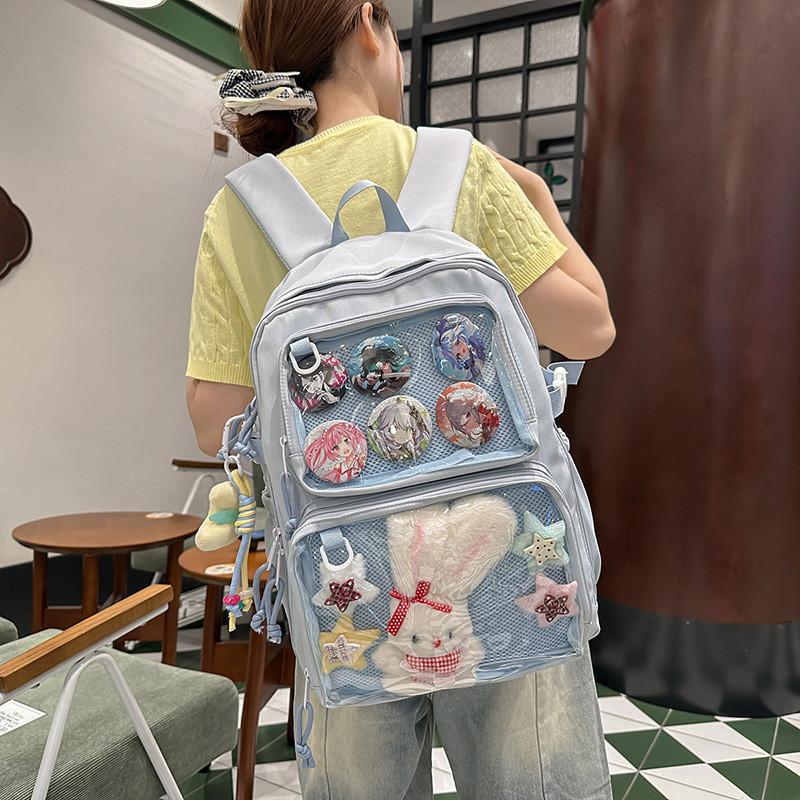 Simple Solid Color Large Capacity Student Backpack With Pendant Badge And