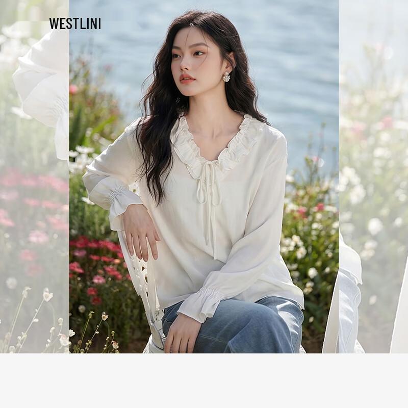 Westlink Women s Ruffle V-Neck Flare Sleeve Chiffon Blouse M