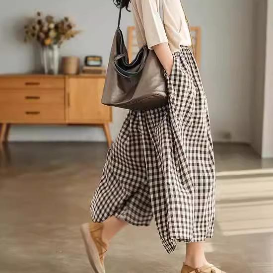 2024 Autumn Plus Size Plaid Cotton Linen Wide-Leg Skirt Pants - Elegant and Casual
