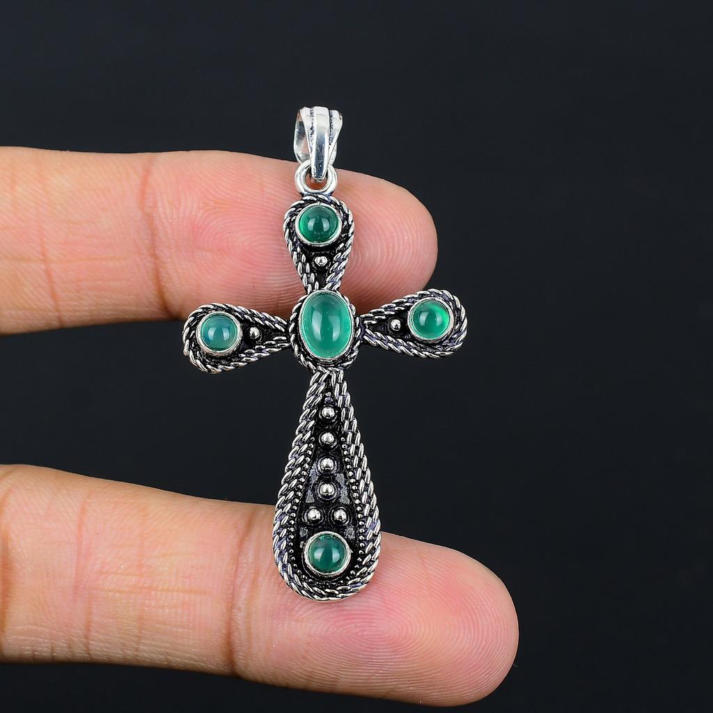 Green Onyx Gemstone Handmade 925 Sterling Silver Gift Cross Pendant 2.10" g2d66