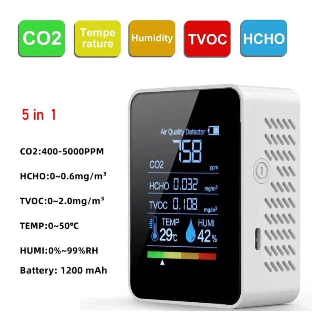 LCD Air Quality Monitor 5 In 1 TVOC Tester Rechargeable CO2 Detector  Meter