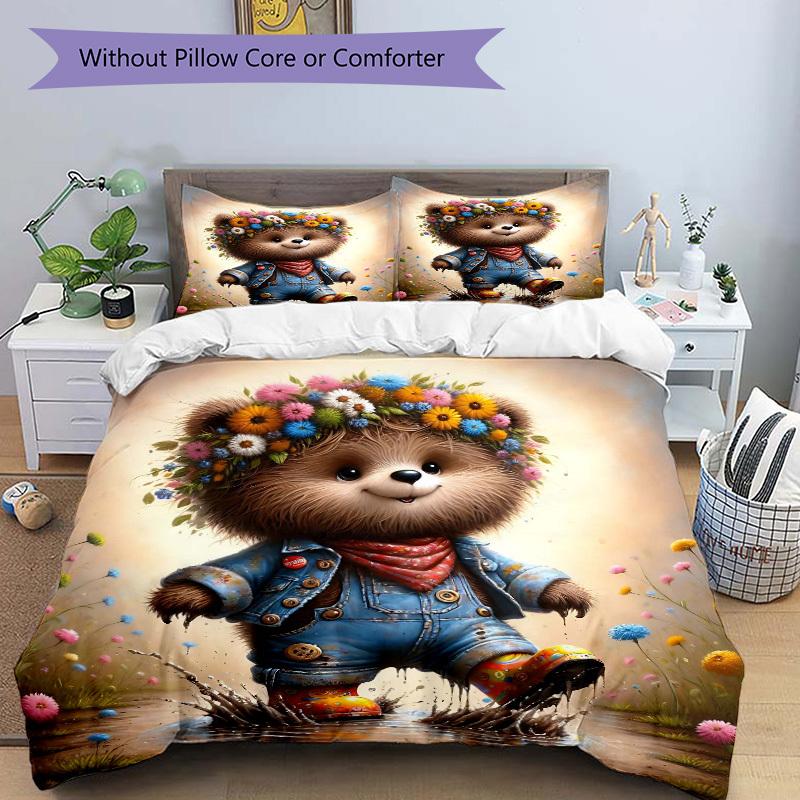 3pcs Anime Bear Floral Crown Bedding Set - Includes One Quilt Cover and Two Pillowcases (No Core) - Home Decor, Festival Gift, Polyester Fab
