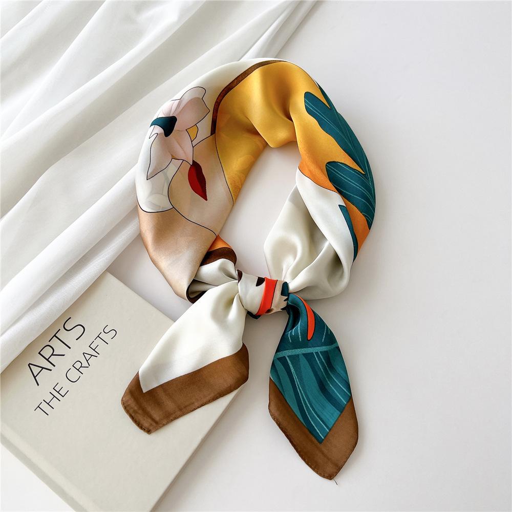 Luxury Silk Square Scarf Women Shawl Fashion French Flower Print Design Satin Hijab Wraps Neckerchief Female Hair Bands 70*70Cm