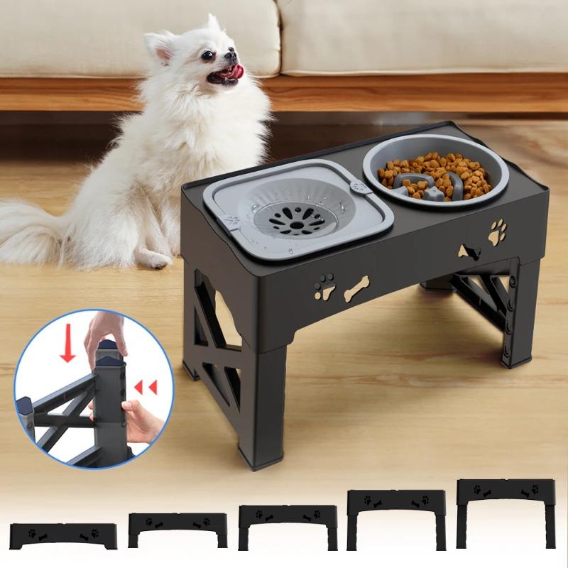 5 Adjustable Height for Different Needs 3 in 1 Pet Feeder Two Bowls One Lift Anti-upset High Neck Guard Slow Food Basin Pet Bowl