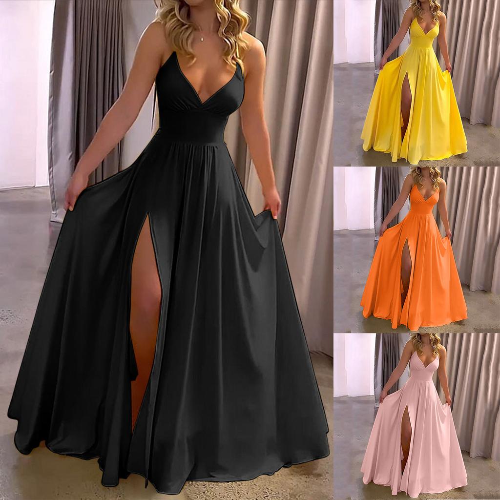 Women's Solid Color Suspender V-neck Backless  Slit Long Dress