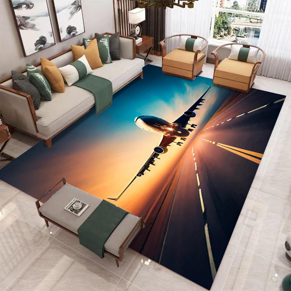 Large Airplane Take off Carpet Pink Purple Gradient Sky Clear Runway Details Living Room Area Rug Match Light Gray Home Decor