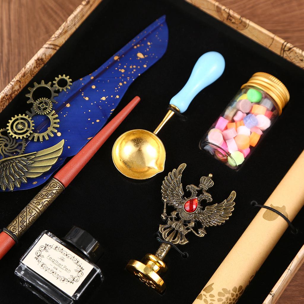 Punk Fjærsett Retro Mekanisk Dryssende Gull Fjærpenn Dyppepennsett Gaveeske Lærerdagsgaver