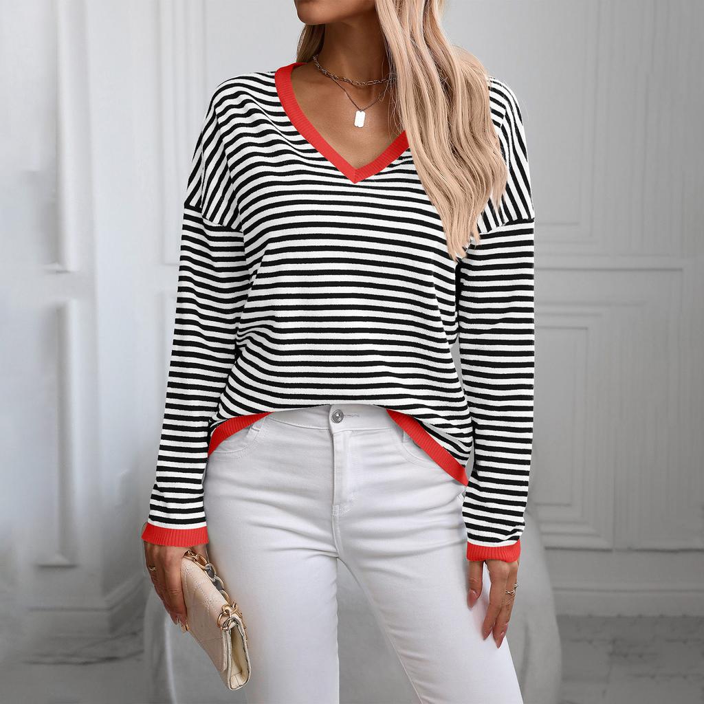 Damen V-Ausschnitt Gestreift Farbe Langarm Lässiger Pullover
