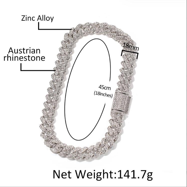 Austrian Rhinestone Quality Fashion Moon Iced Out 18mm Hip Hop Link Necklace Prong Cuban Link Chain Jewelry for Men with Clasp