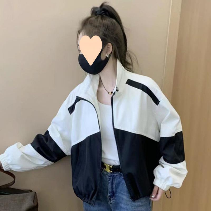 Windbreaker Jacket Women Cropped Spring Plus Size Casual Versatile Loose Color Block Baseball Top