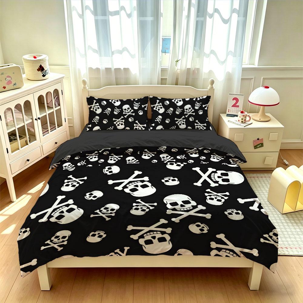 A 3-Piece Black and White Skull-Head Print Bedding Set Including A Duvet Cover and Two Pillowcase Machine-Washed