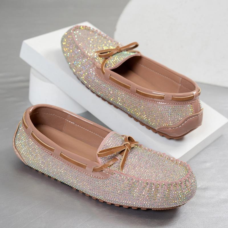 Spring new bow strap snake pattern bright rhinestone beanie shoes flat heel casual driving shoes casual women's single shoes