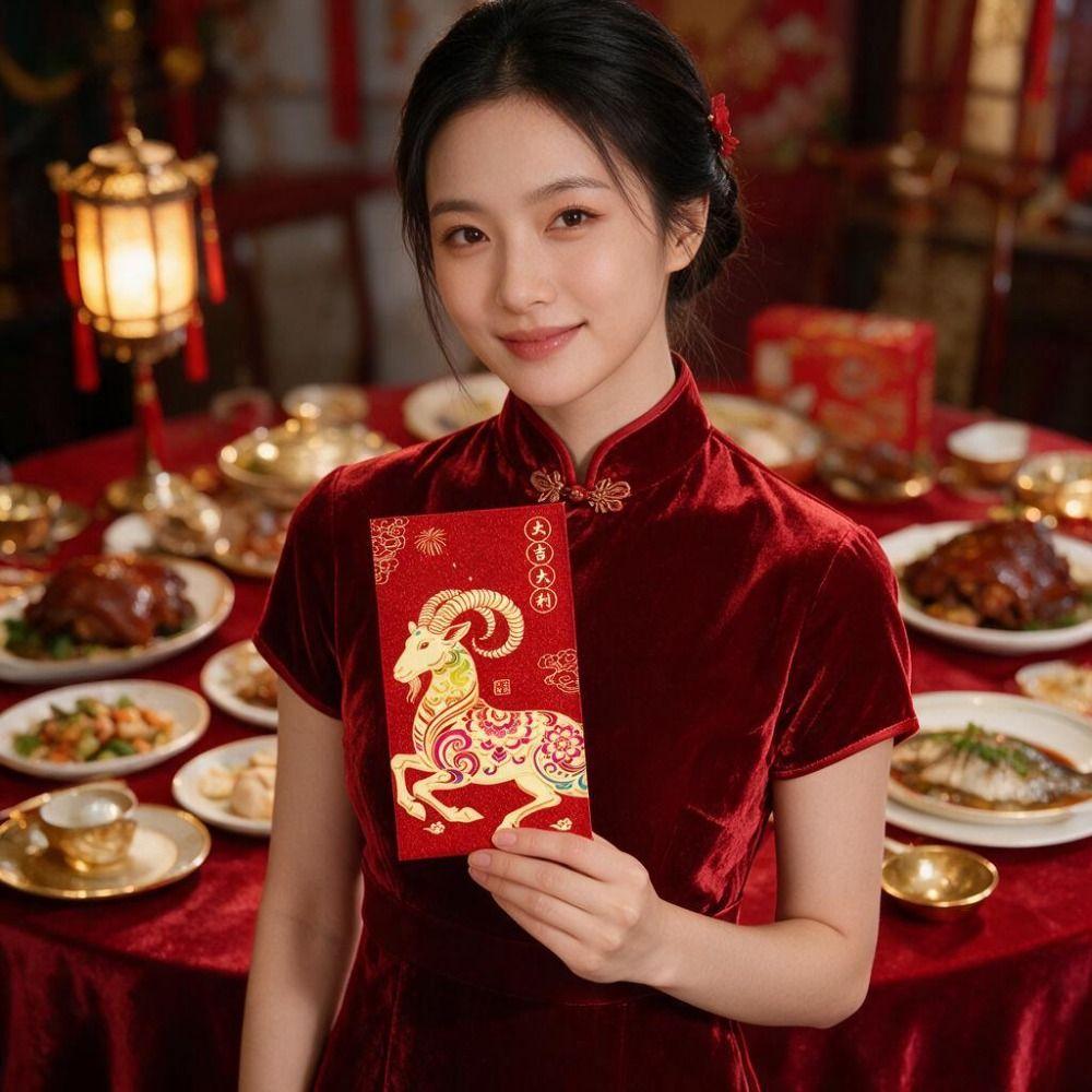 6PCS Hot Stamping 2027 Chinese New Year Red Envelopes Colorful Goat Pattern Hongbao  Party