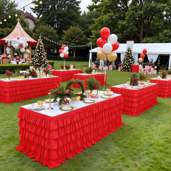 Red Tulle Table Skirt for 6ft/9ft Rectangle Tables Wrinkle Free Ruffled Tablecloths for Baby Shower Party Wedding Birthday Cake Dessert Table Decor