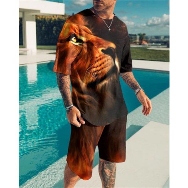 Summer Round Neck 3D Lion Printed Set Fashionable and Casual Short Sleeved Shorts Men's Clothing Sets Sport Wear