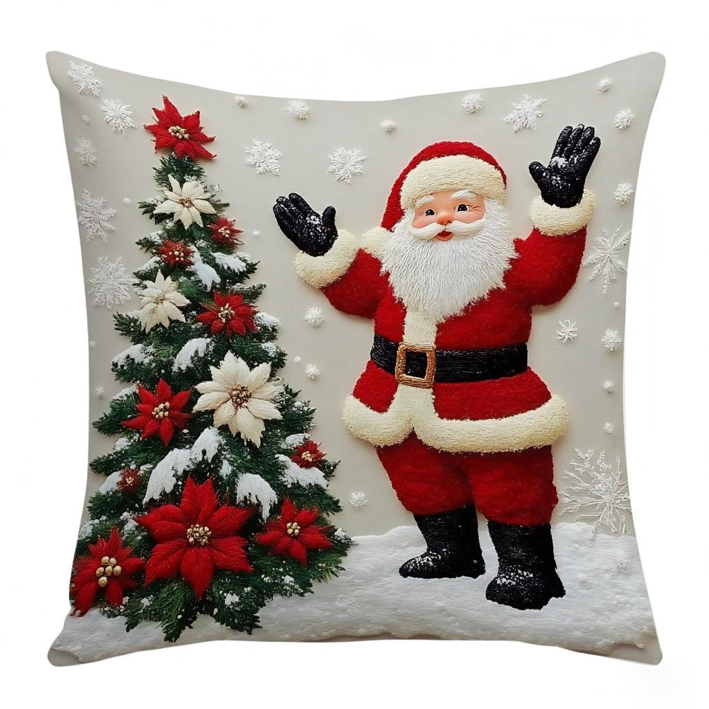 Christmas Embroidered Pillow Covers Set of 4 Santa Deer Snowman Cushion Cases Winter Holiday Sofa Decor (No Insert)