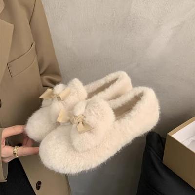 Mode Nœud Papillon Femmes Ballerines en Peluche Fourrées Mocassins Loafers Mujer Chaussures Chaudes en Coton Chaussures à Enfiler pour Dames Doublées en Fourrure de Mouton Zapatos