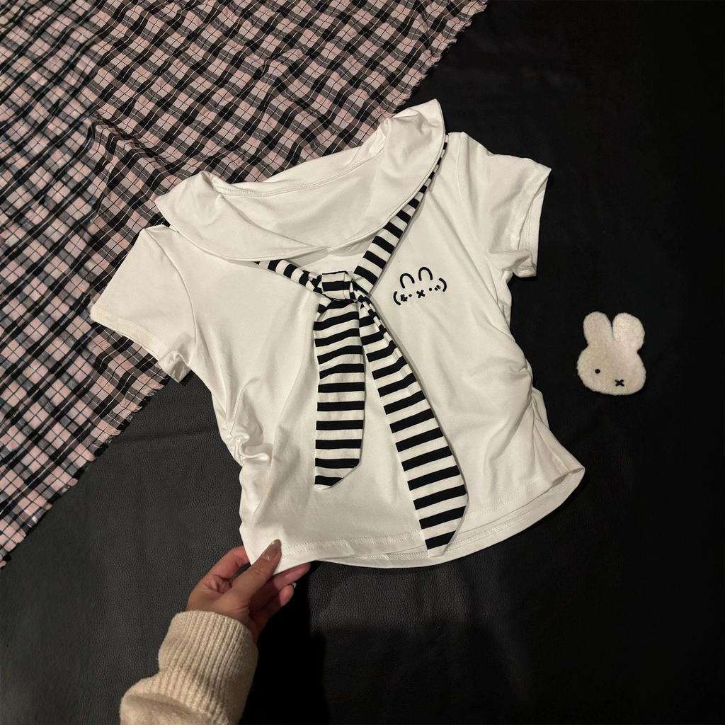 Cute cute navy collar striped shawl short-sleeved t-shirt women's summer new front shoulder slim-fitting short top