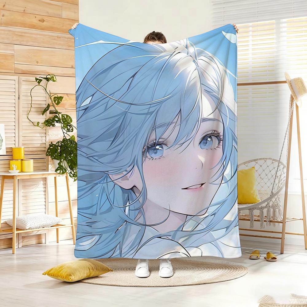Anime B-BlueS hairedS Twin Tail Girl Throw Lightweight 240g Flannel Blanket Soft Skin-friendly for Summer Cooling