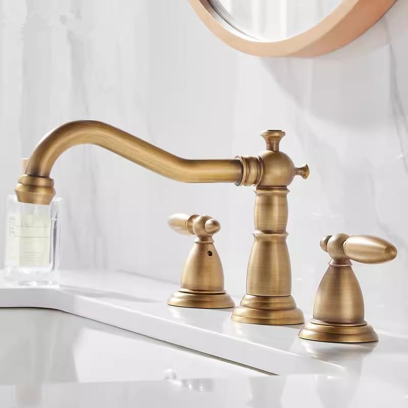 Tuqiu Brushed Gold Bathroom Faucet Antique Basin Faucet Brass Grey Sink Faucet 3 Hole Widespead Hot & Cold Wash Faucet Water Tap
