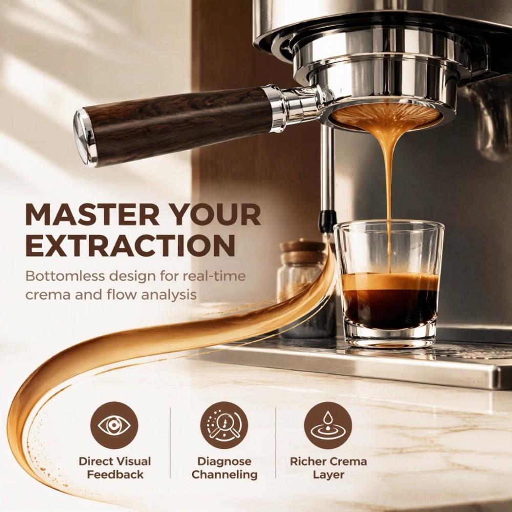 Stainless Steel and Wooden Handle Bottomless Portafilter for Delonghi EC0680 Espresso Brewing