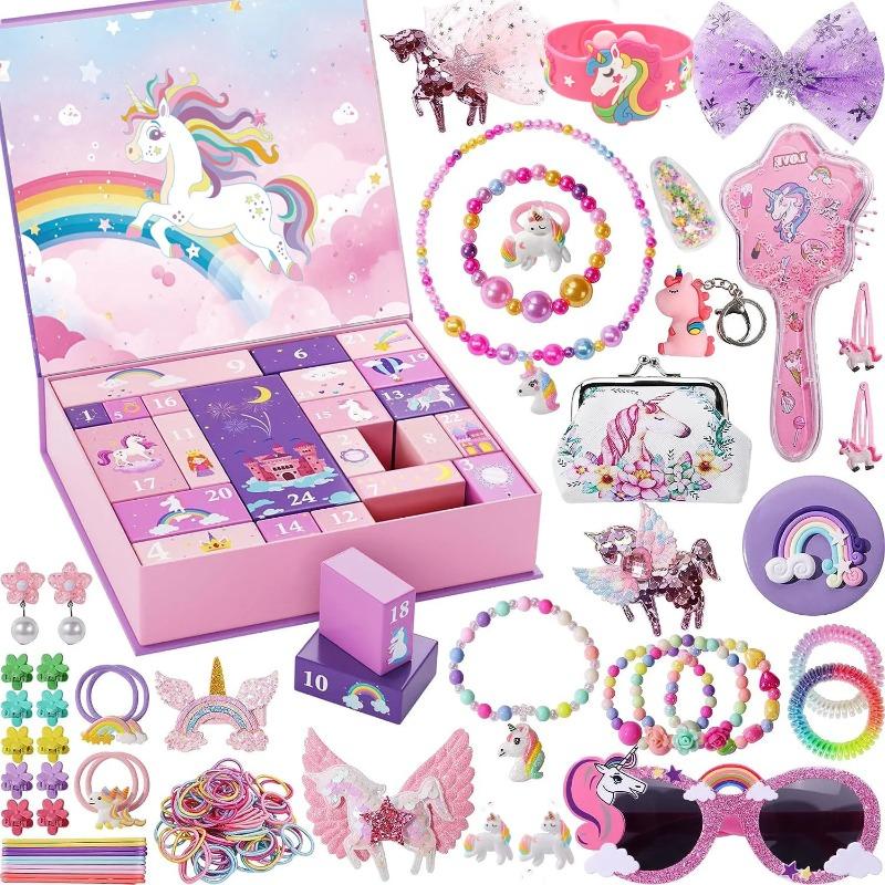 Hot Pink Christmas Advent Calendar Box for Girl Gift Mermaid Unicorn Princess Dress Up Jewelry Hairpin 24Day Countdown Calendar Gift Box