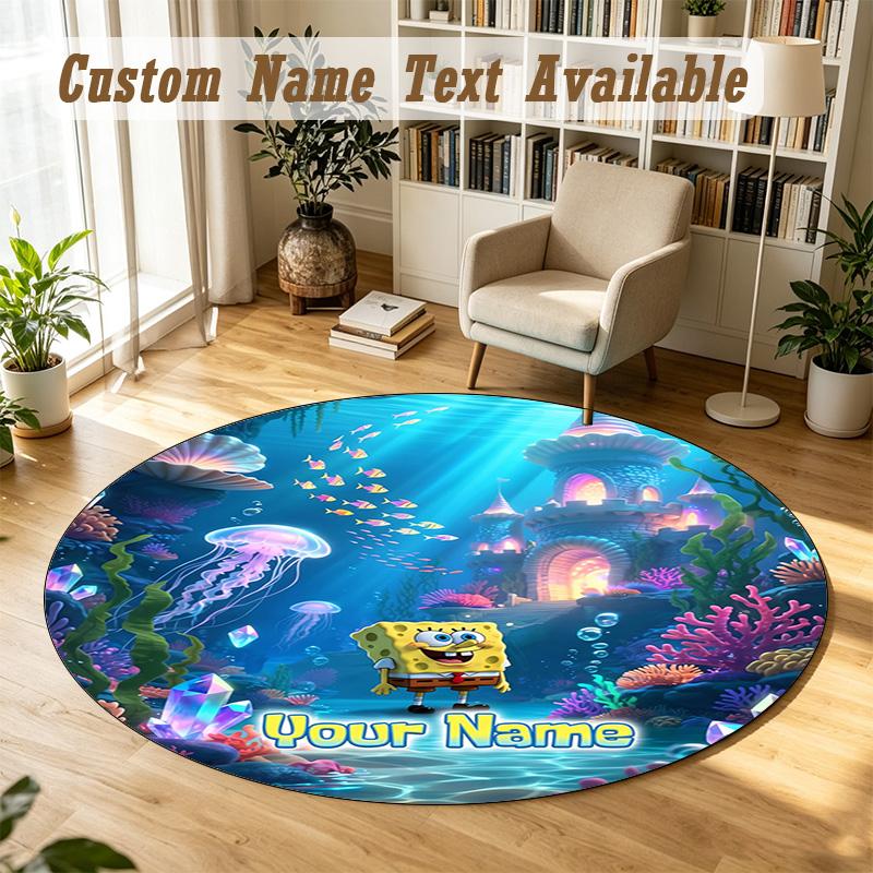 Round Rug Custom NameSpongeBob Pattern Non Slip Carpet Home Floor Decor