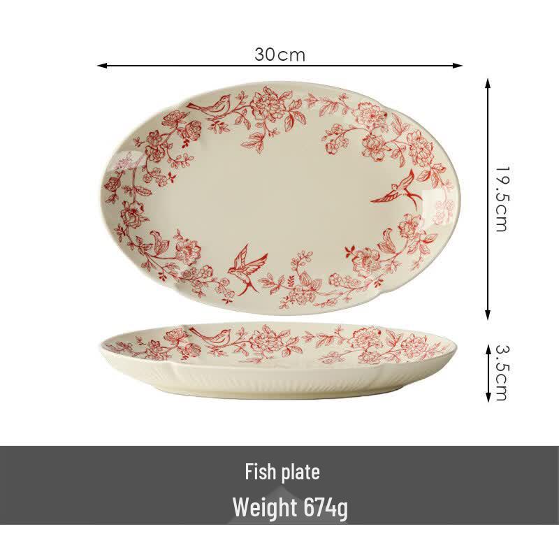 Ru Han Elegant Floral 12-inch Ceramic Fish Plate