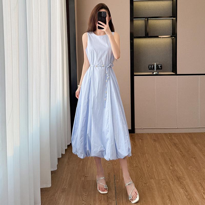 Korean version white sleeveless bud beaded belt dress women s 2026 new summer sweet temperament thin dress S