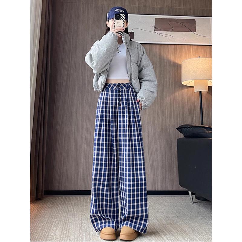 Women's Early Spring Blue Plaid Wide-Leg Floor-Length Pants