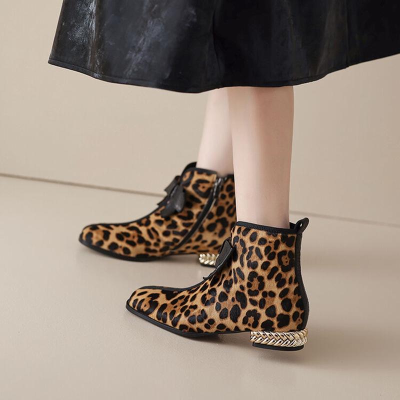 Fashion NEW Autumn/Winter Women Boots Square Toe Chunky Heel Shoes Horsehair Shoes Women Zip Ankle Boots Bow-knot Leopard Modern Boots