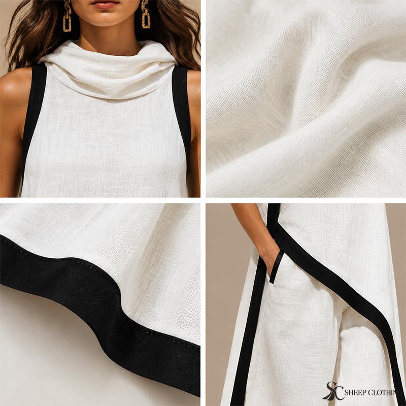 Women Color Block Two Piece Set Cowl Neck Sleeveless Asymmetrical Tunic Top Wide Leg Pants Casual Vacation Outfit
