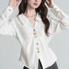 Pure Lust Style Design White Pinch Waist Long-sleeved Shirt for Women Autumn Slim Fit Versatile V-neck Shirt Top