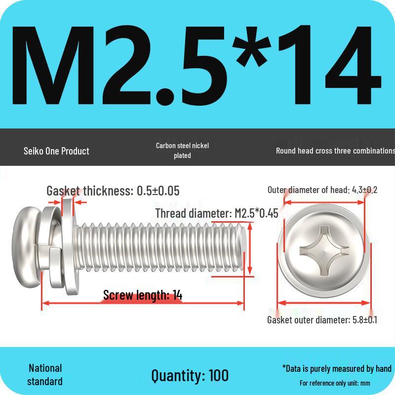Nickel-Plated Phillips Pan Head Screw with Washer, M2-M6 Thread