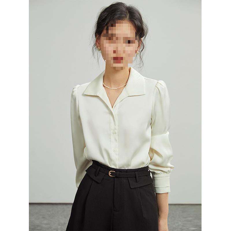 Petite High-Grade Satin Chiffon Short-Sleeve White Shirt for Women - Early Autumn Commuting Interview Top