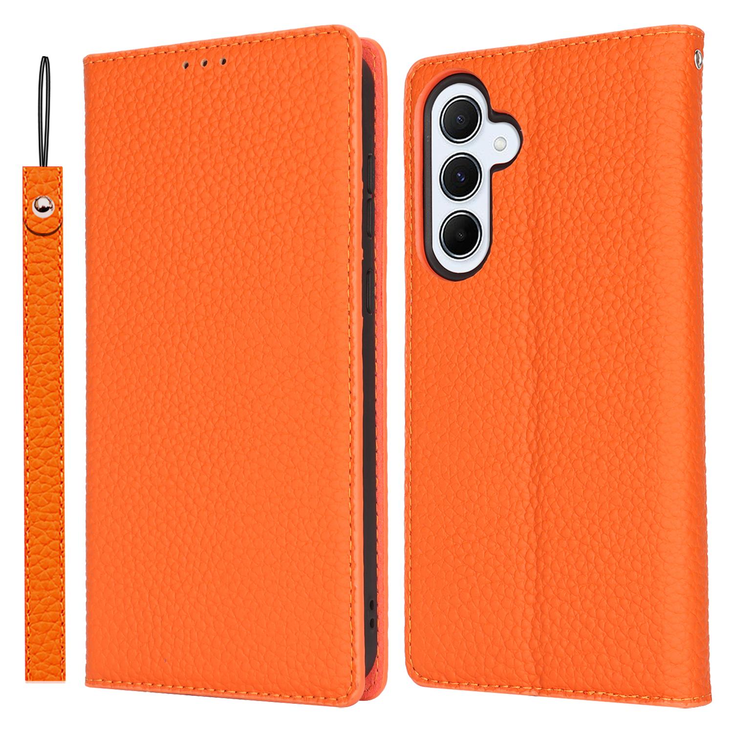 

For Samsung Galaxy S24 FE Case Litchi Texture Genuine Cow Leather Phone Cover with Strap Orange