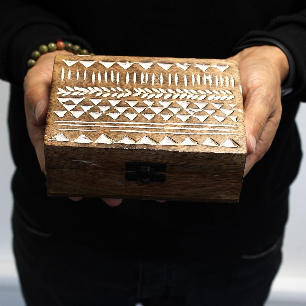 Wooden Pill Box Whitewashed Aztec Design