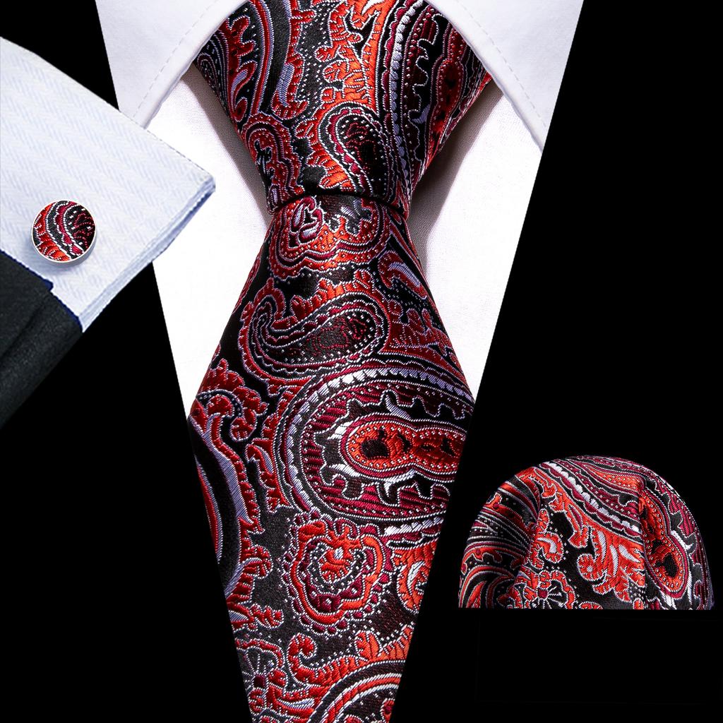 Barry.Wang Floral Ties for Men Woven Paisley Wedding Necktie Handkerchief Cufflinks Formal Casual Set