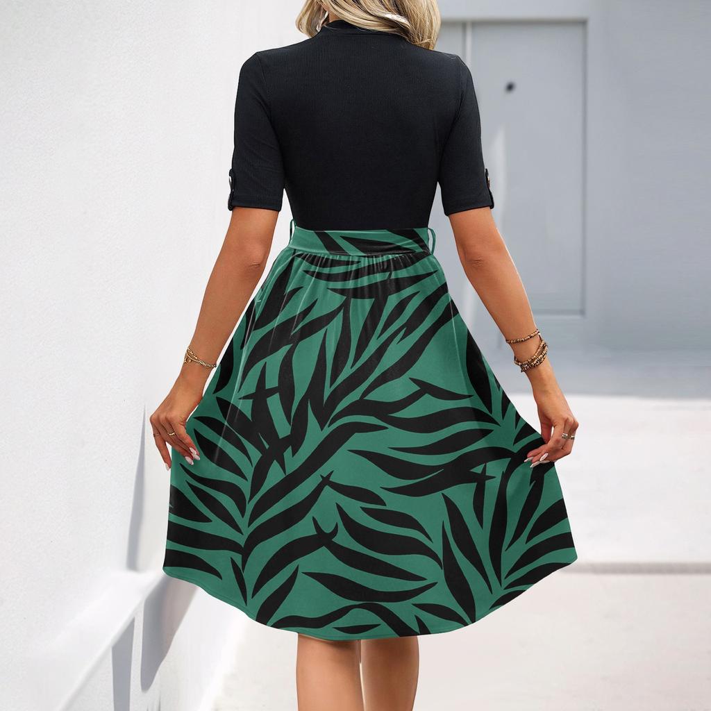 Women's Fashion Casual Belt Short Sleeve Round Neck Floral Elegant Temperament Dress