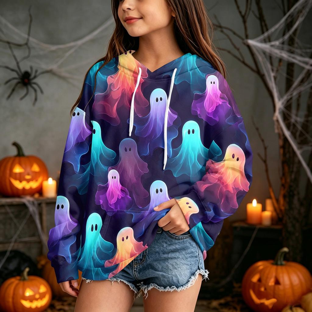 Kids Casual Hooded Sweatshirt with Halloween Print Pullover for Daily Wear