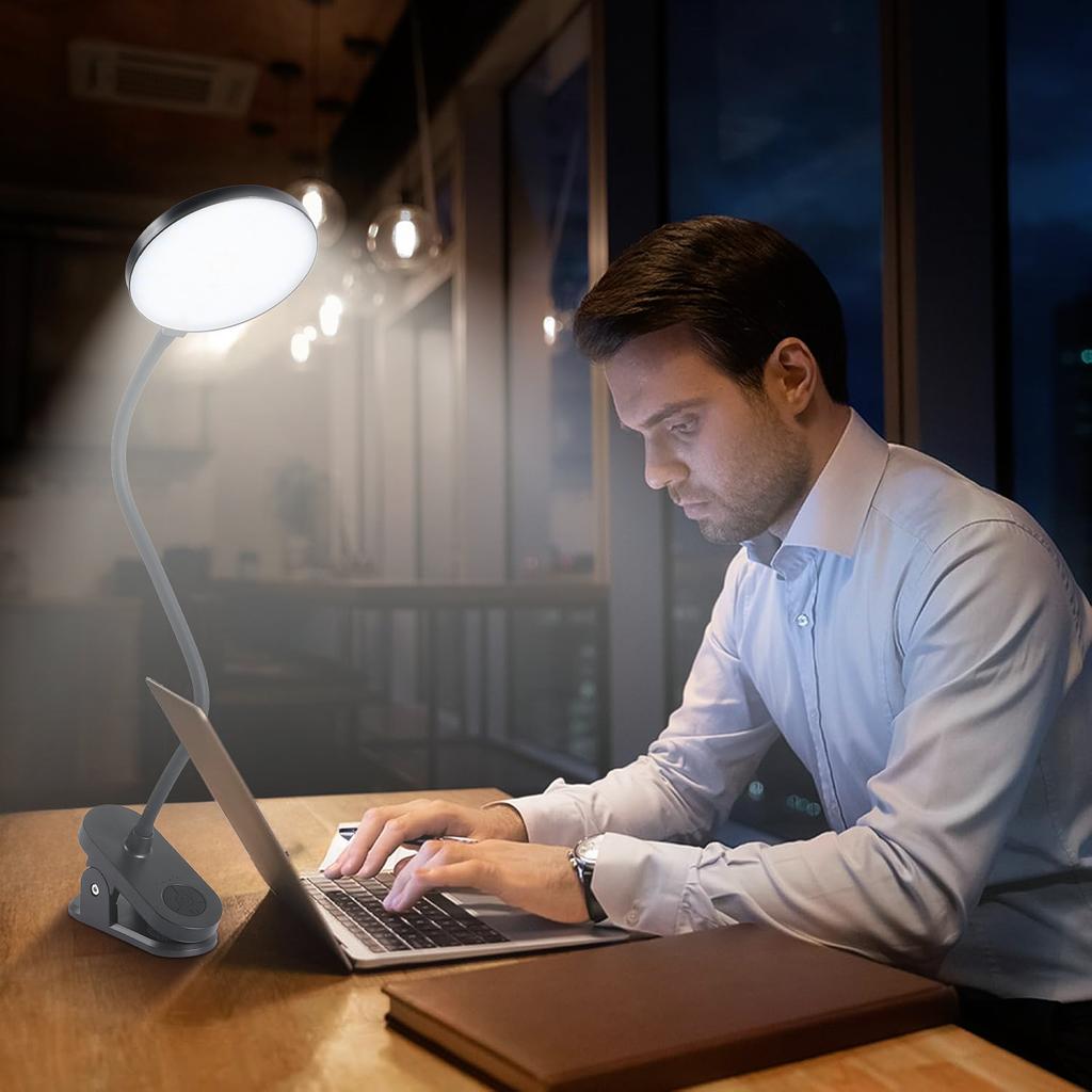 USB Charging Clip Desk Lamp Bedside Reading Lamp with 3 Color Modes and Adjustable Brightness - Black