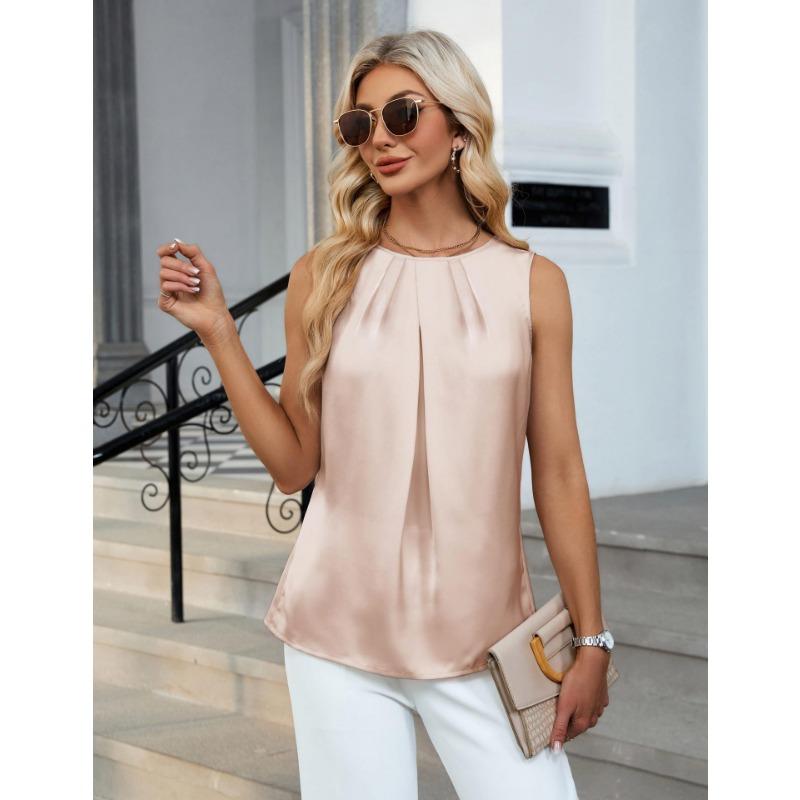 2026 Neue Falten-Rundhals-Bluse Damen Satin Ärmelloses Oberteil Damen Frühling/Sommer Elegant Locker Einfaches Bürohemd Süß Einfarbig Damenbekleidung