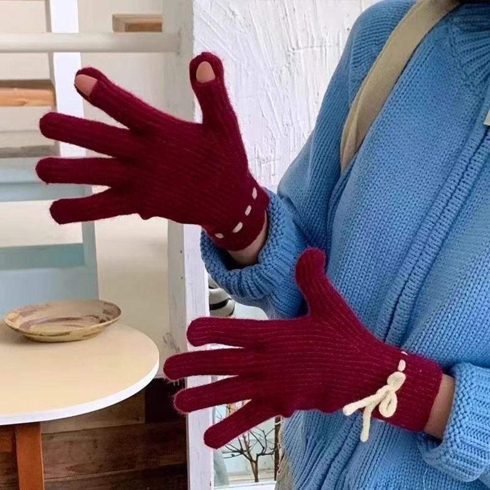 Solid Color Touch Screen Gloves Knitted Texture Thermal Riding Gloves Winter Season