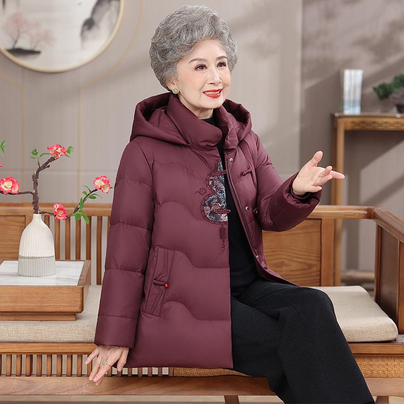 Elderly Women's Hooded Down Jacket - Warm Cotton Coat for Winter, Chinese Style, for Middle-Aged and Elderly