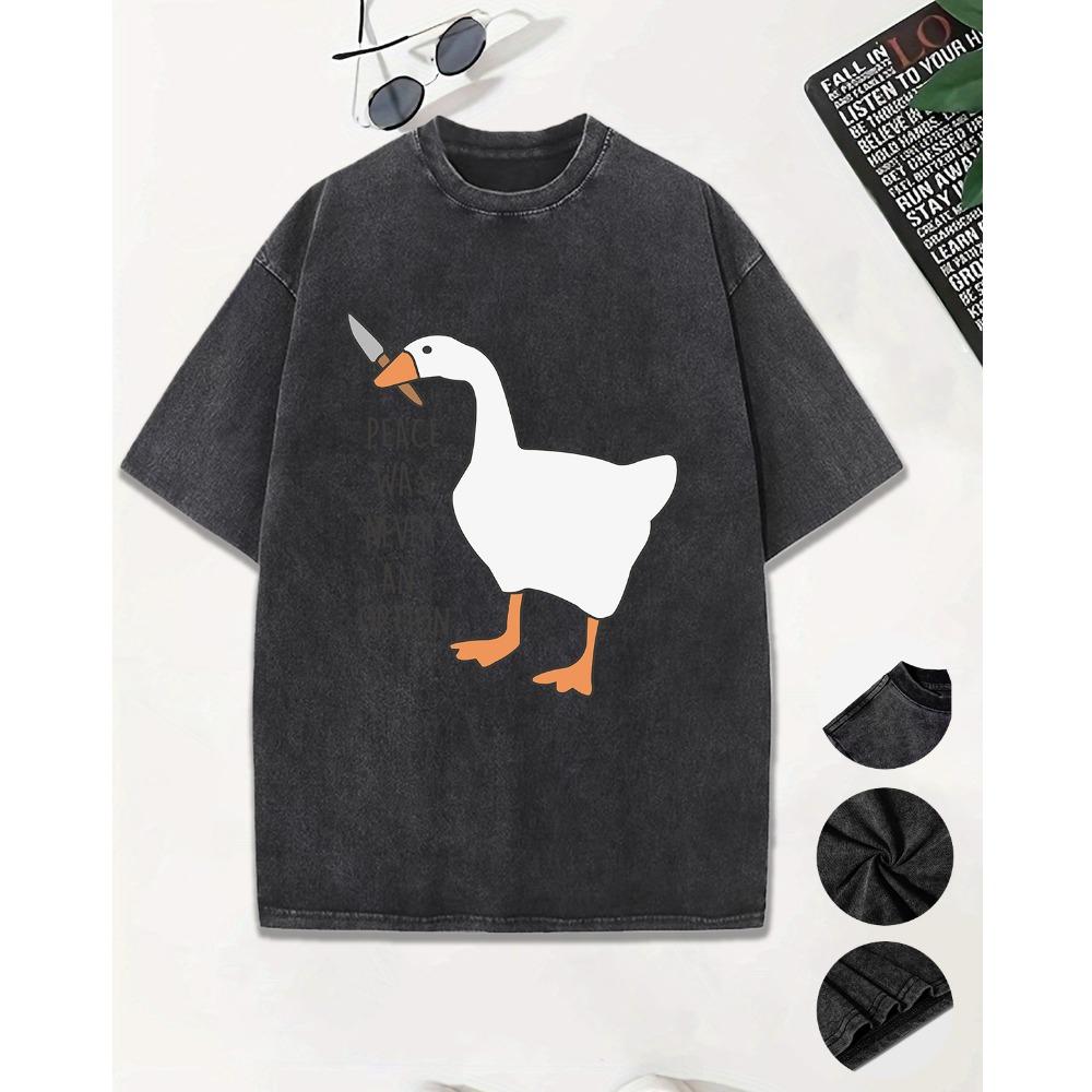 Peace Was Never An Opiton Cartoon Duck With Knife Washed Tee Shirts Men Summer Cotton T Shirt Short Sleeve
