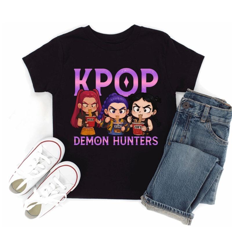 Hot Sale Kpop Demon Hunters Print Fashion Kids T-shirt Baby Boys Girls Clothes Summer Children Cotton Short Sleeve Black T shirt