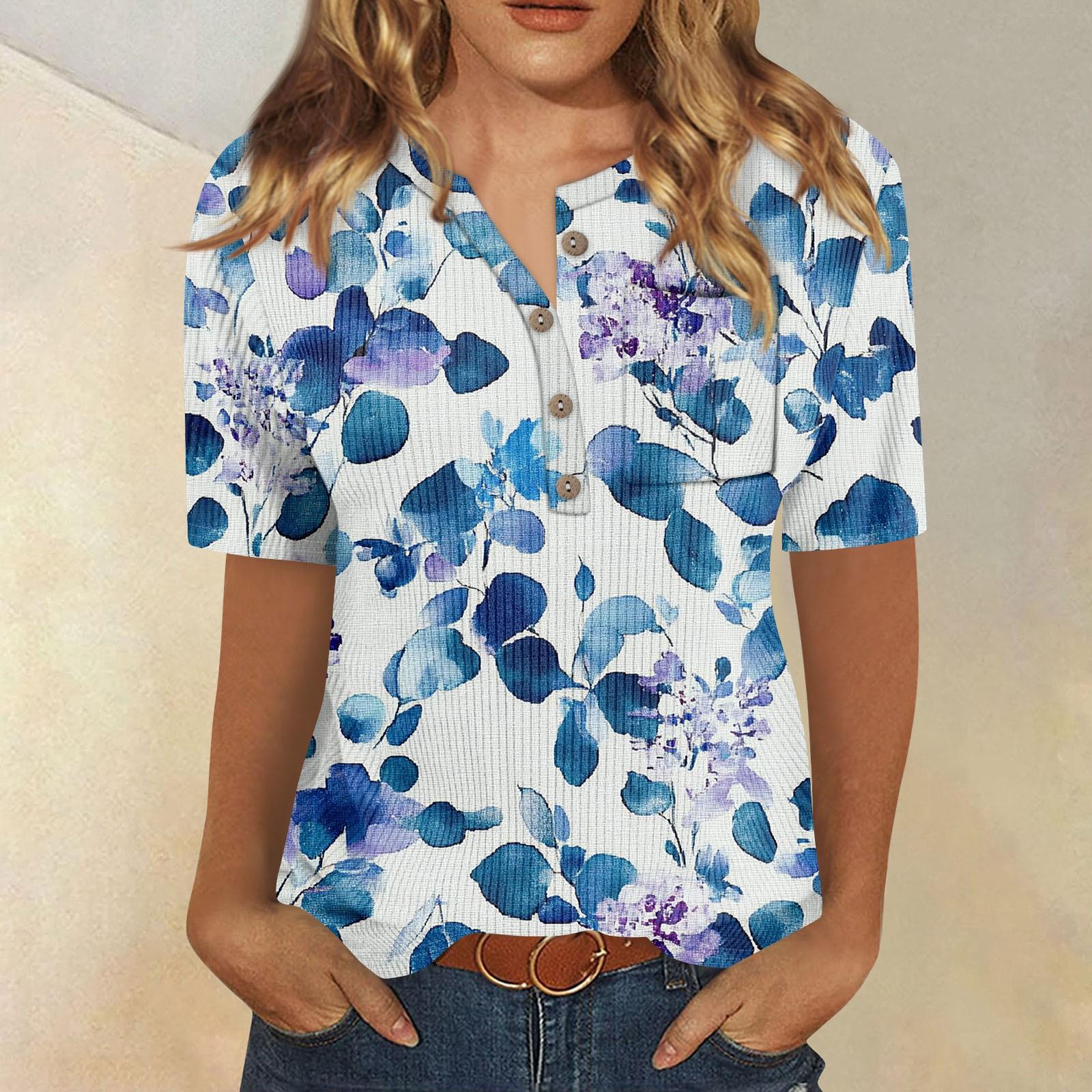 

Женская футболка с коротким рукавом и принтом в полоску и воротником-стойкой L синий